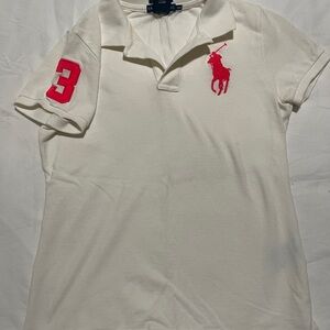 Ralph Lauren White Polo Shirt with Neon Pink Logo